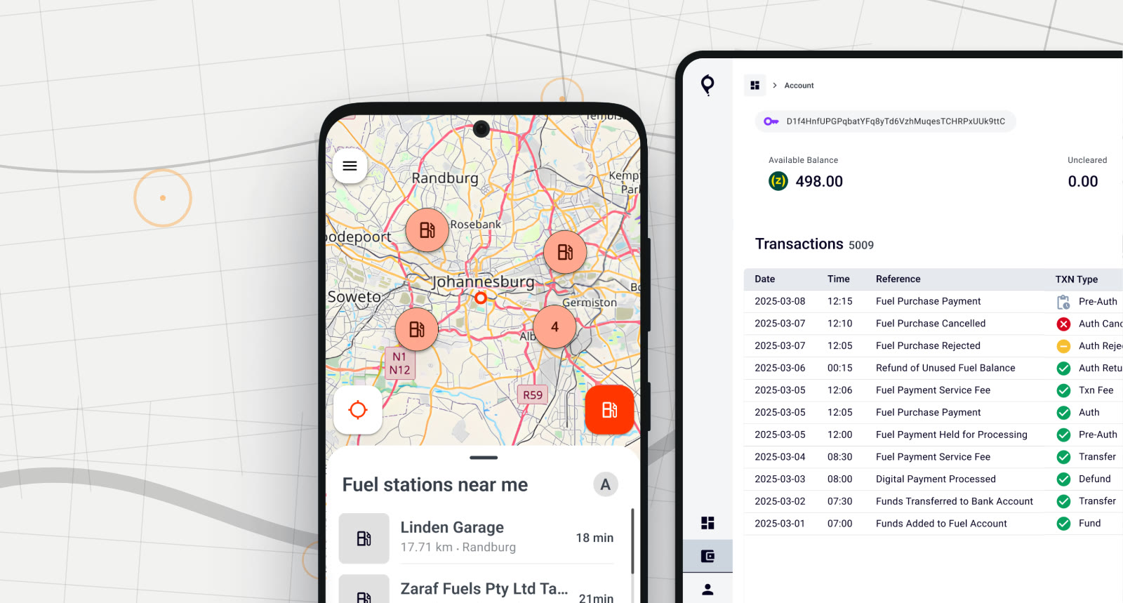 The PumpPay app showing fuel stations near Johannesburg, alongside a dashboard listing pre-authorised and settled fuel transactions in a ZARP account