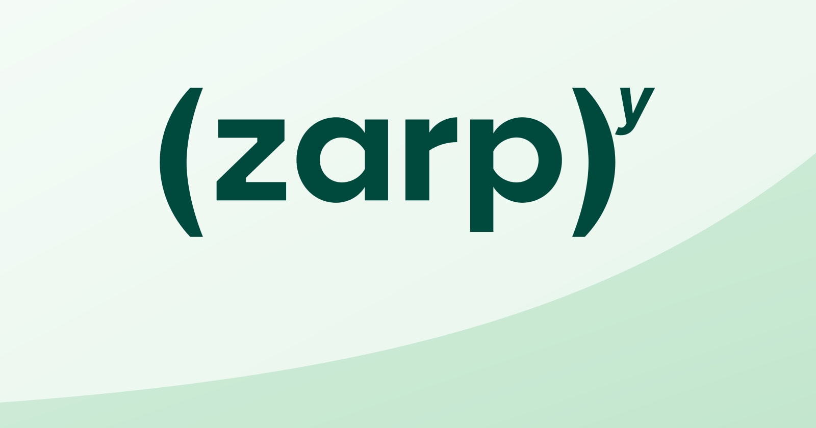 The ZARPY logo on pale green, above a smooth upward curve that separates a lighter field from a darker green one